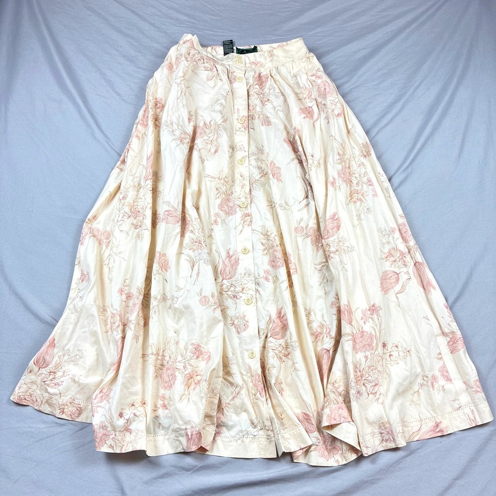 Lauren Ralph Lauren Maxi Skirt Womens 8 Pink Floral Cotton Button Cottagecore
